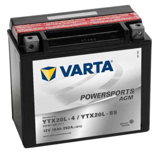 Автомобильный аккумулятор Varta Moto AGM 518 902 026 (YTX20-BS) 18А/ч-12V стартерный EN250 болт прямая 177x88x156