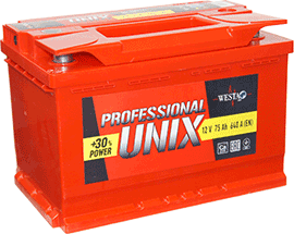 Автомобильный аккумулятор Unix 6ст - 75 Professional new низк. 75А/ч-12Vст EN640 европейская обратная 276x175x175